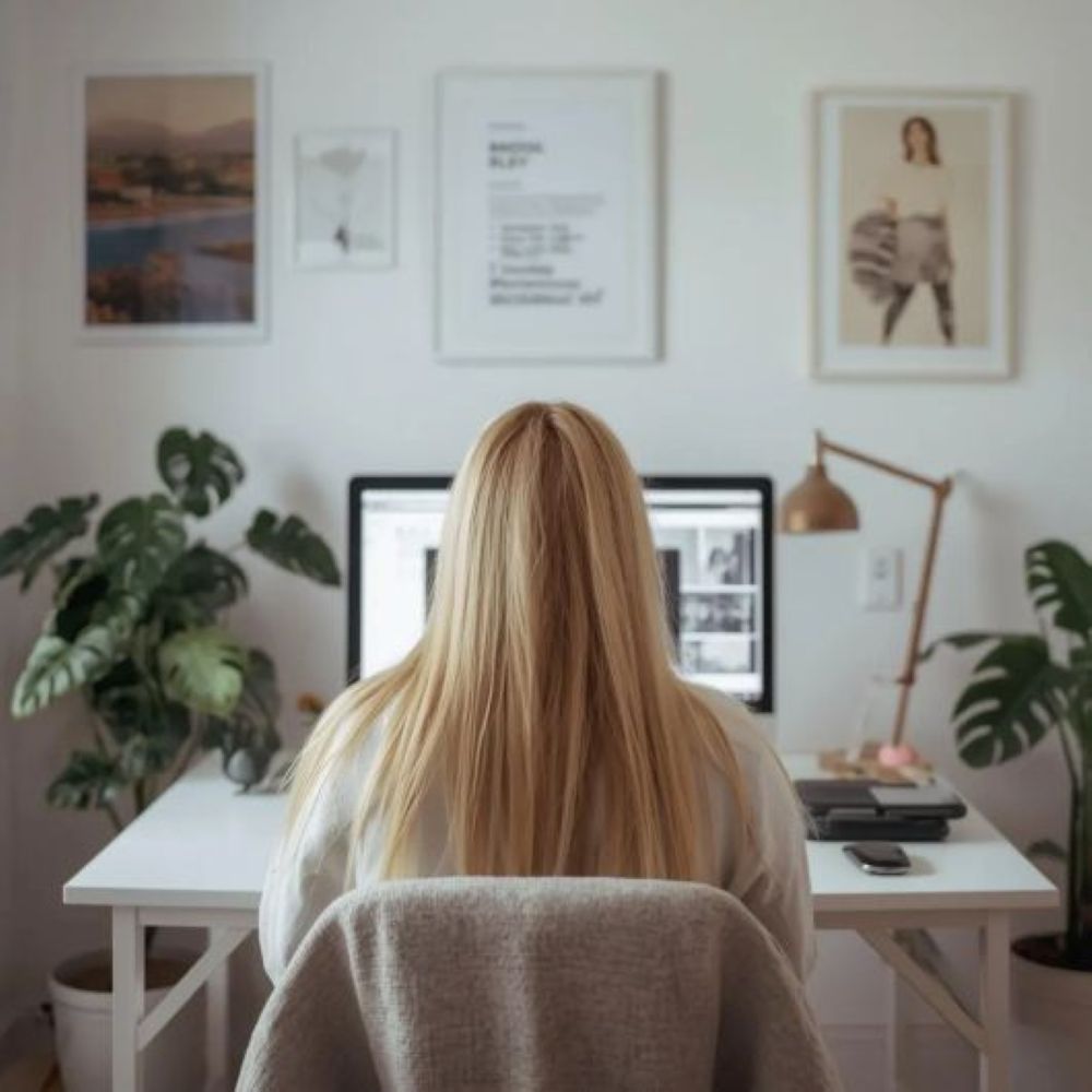 Bild på en blond långhårig tjej som sitter och jobbar vid sitt skrivbord. Bilden är tagen bakifrån.