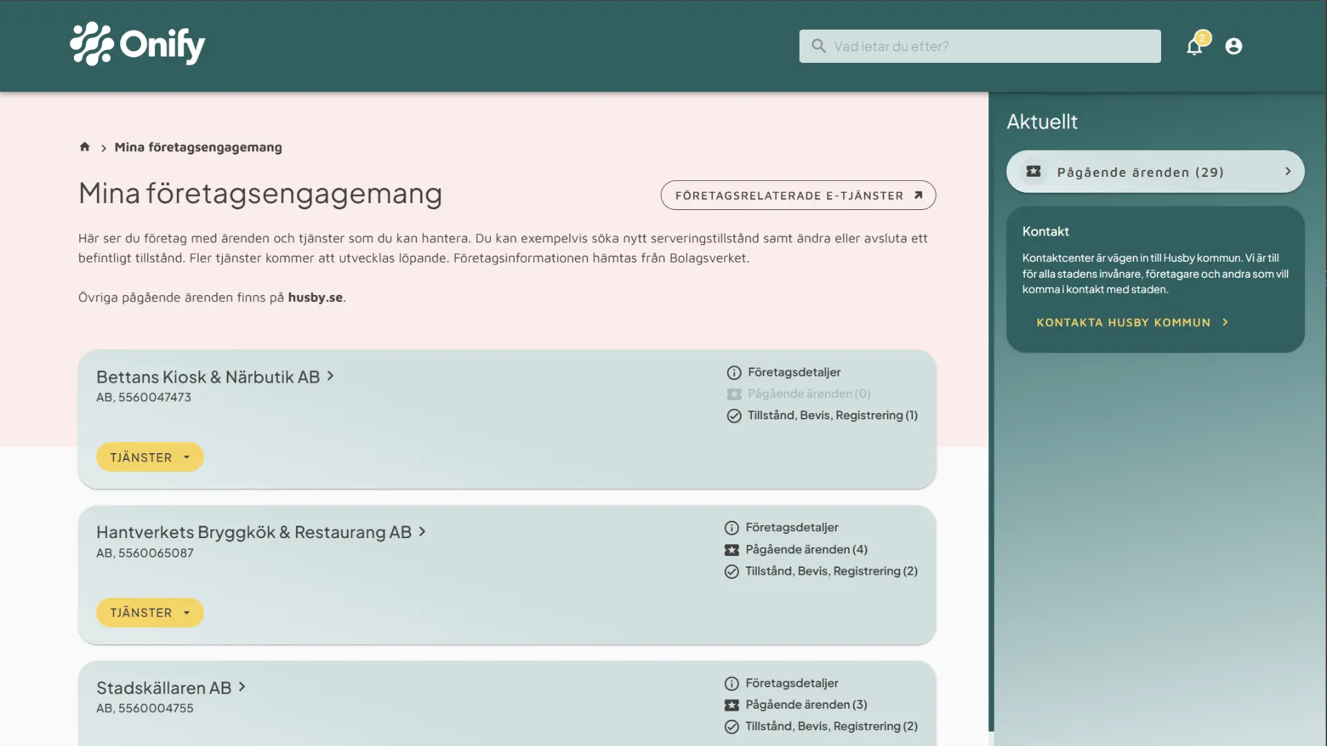 Vy i Onify Invånare med information om Mina företag