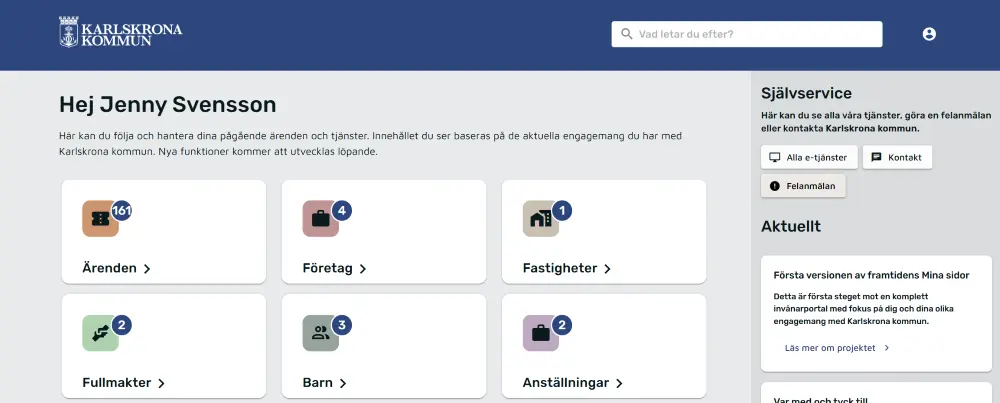 Bild på Karlskronas Mina Sidor startsida som bygger på Onify Invånare